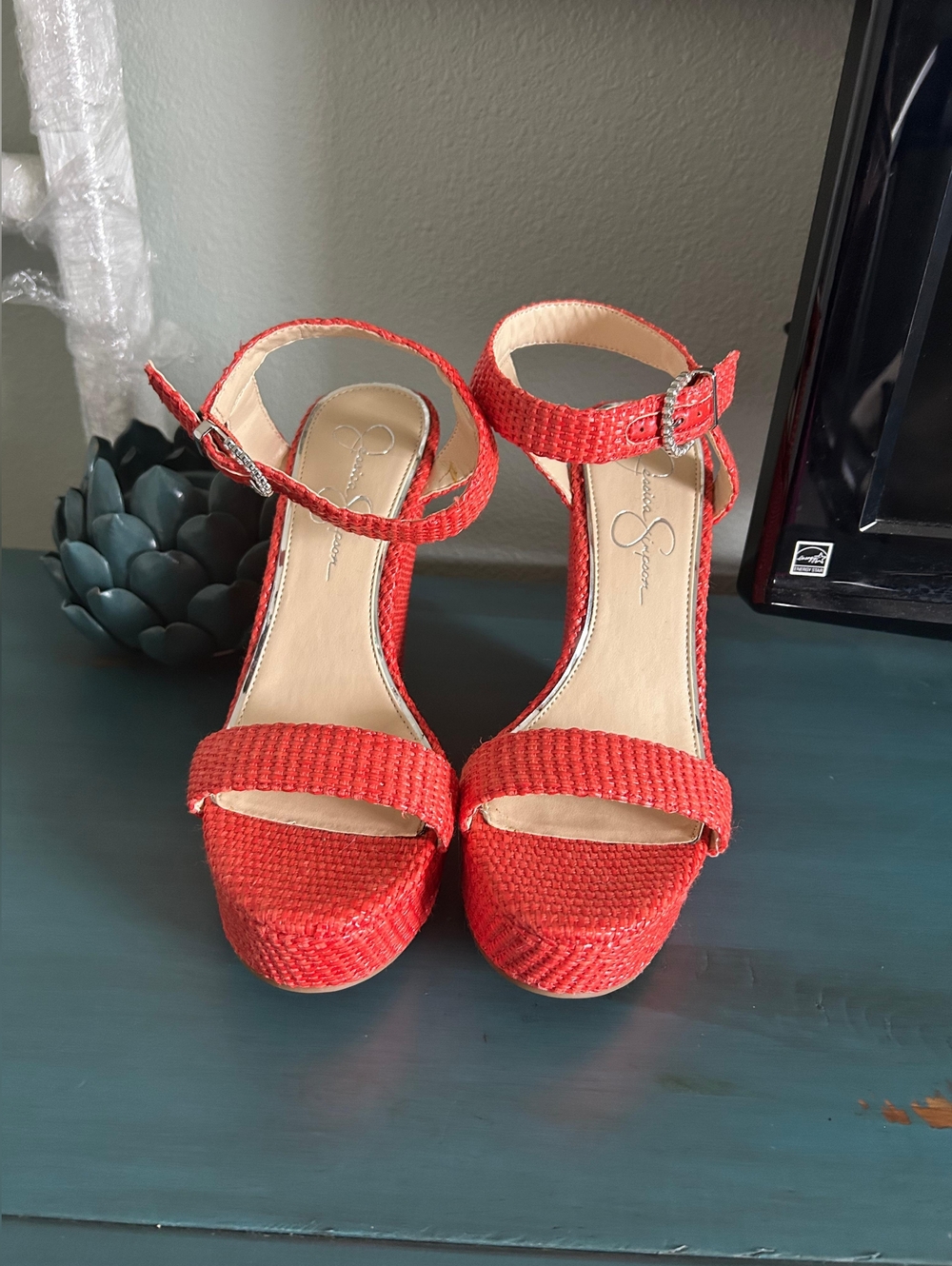 Jessica Simpson Red Woven Platform Heel Sandals